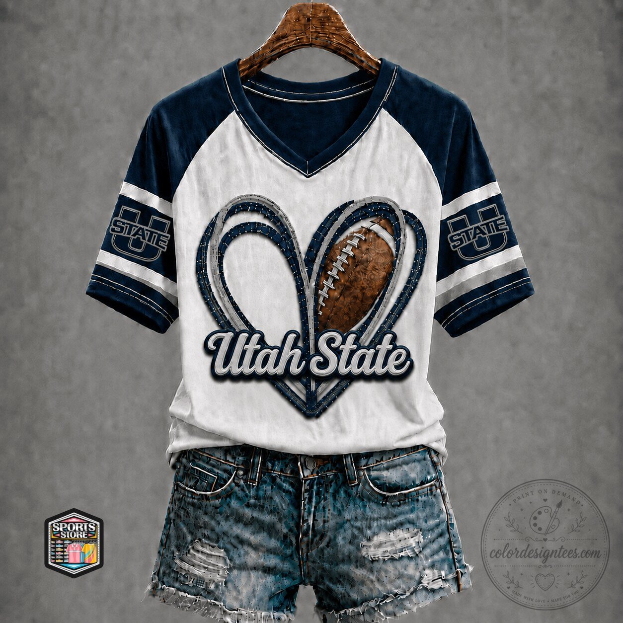 Utah State Aggies Football Heart Design White and Blue Raglan T-Shirt