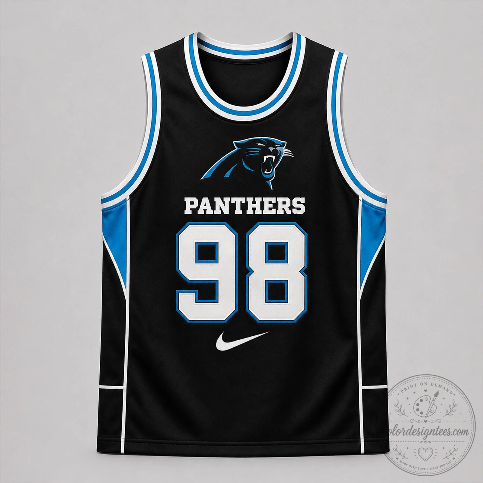 Carolina Panthers Basketball Jersey Custom Number 98 Black and Blue