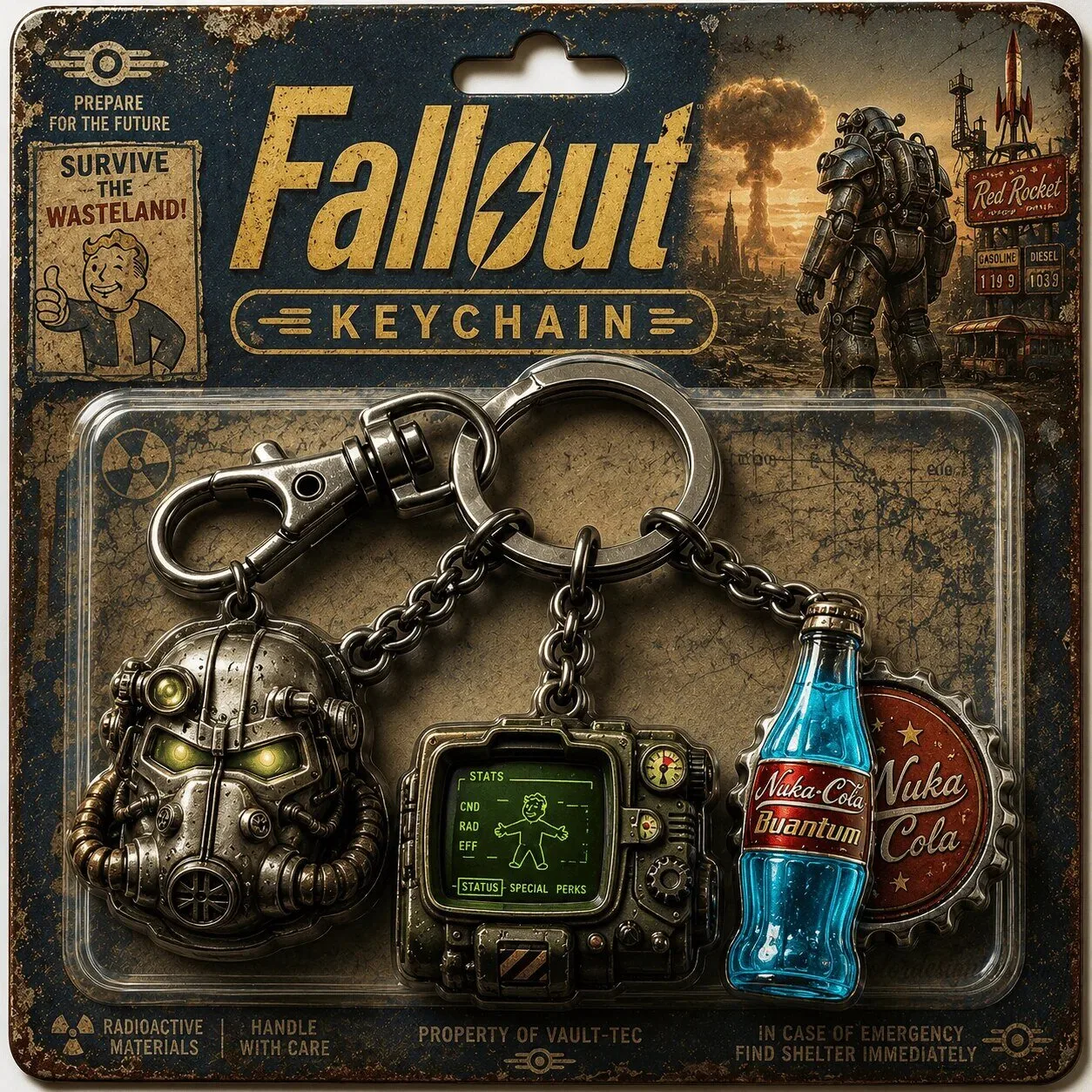 Fallout Video Game Vault-Tec Power Armor Nuka-Cola Quantum Keychain