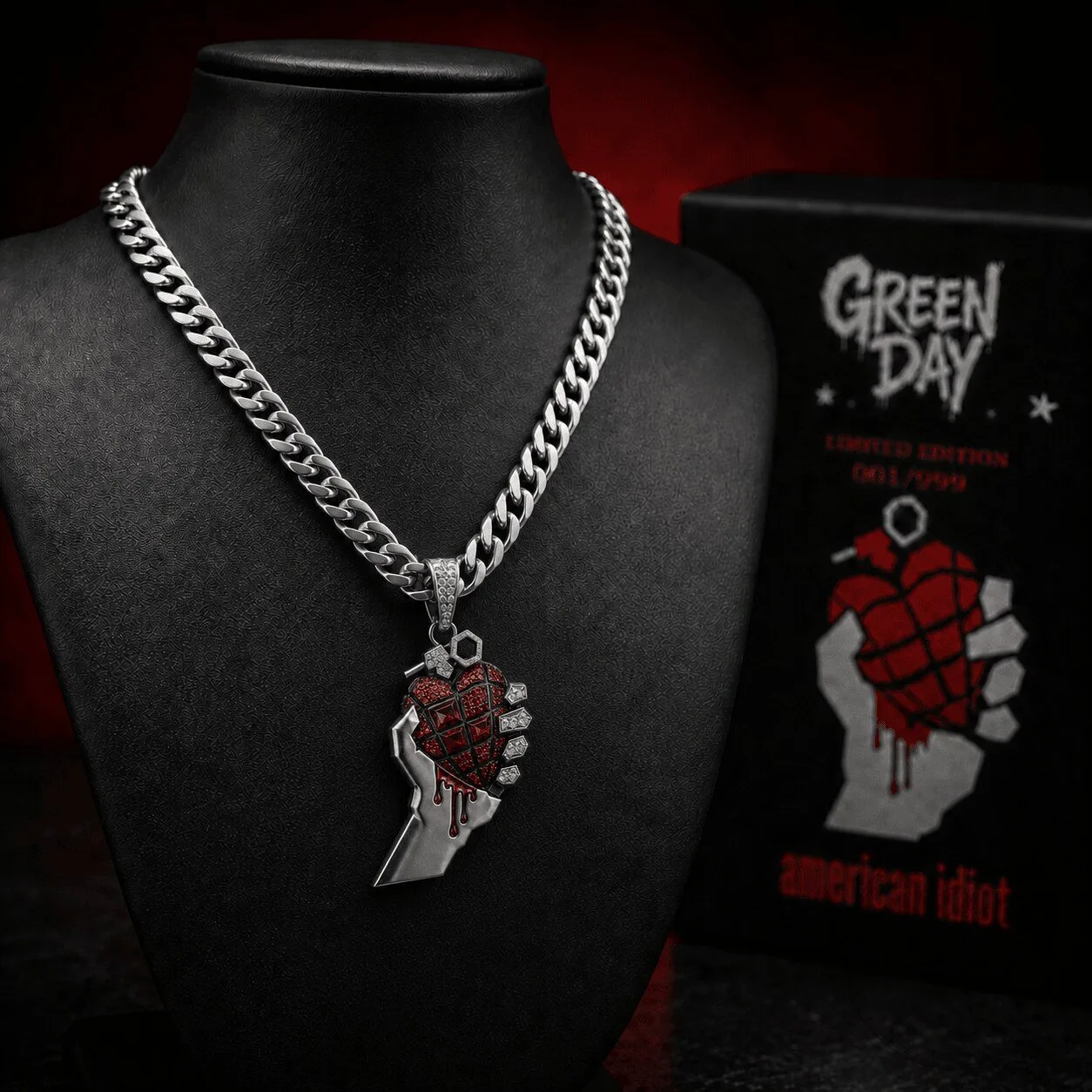 Green Day American Idiot Heart Grenade Silver Chain Pendant Necklace