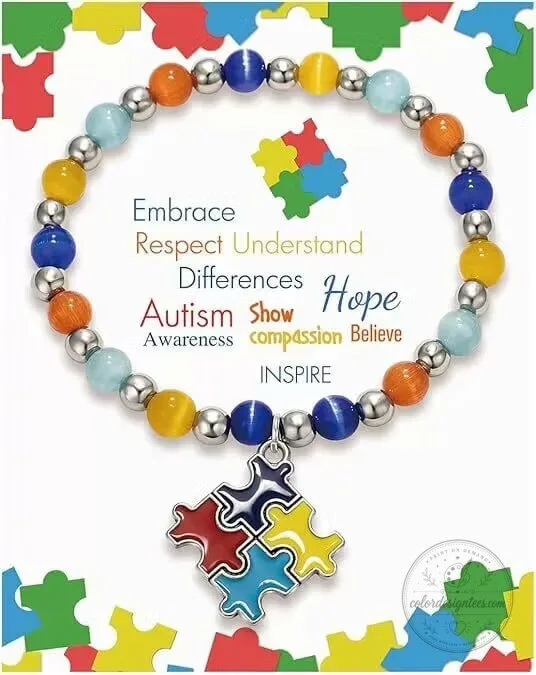 Autism Awareness Rainbow Puzzle Piece Charm Beaded Bracelet