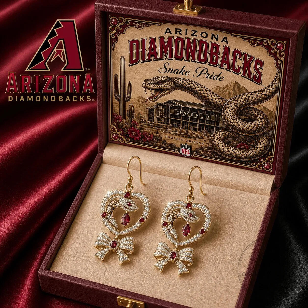 Arizona Diamondbacks Heart Shaped Dangle Earrings with Bow