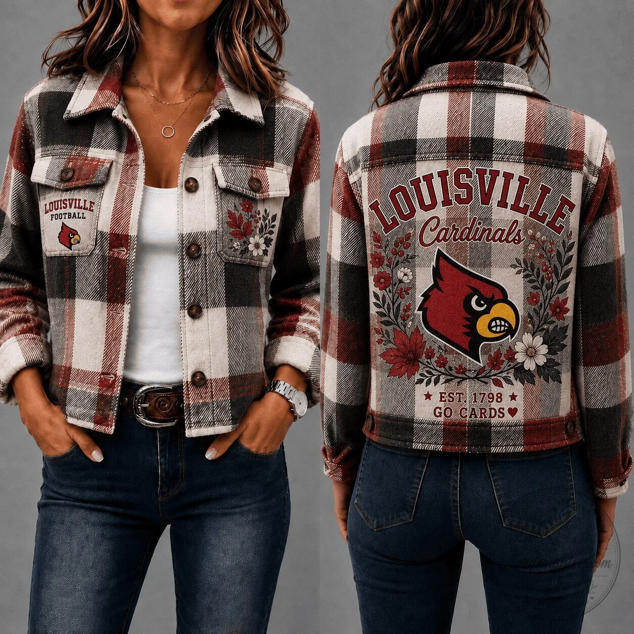 Louisville Cardinals Football Team Plaid Flannel Jacket for Women