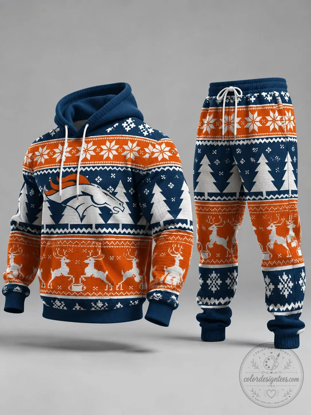 Denver Broncos Christmas Ugly Sweater Hoodie and Jogger Pants Set