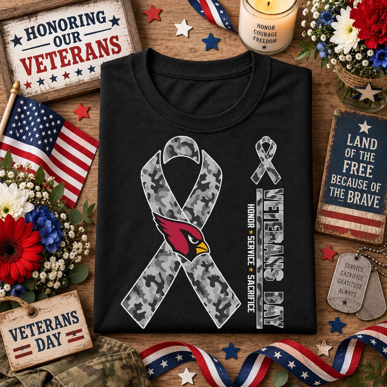 Arizona Cardinals Veterans Day Camouflage Ribbon Honor Service Sacrifice T-Shirt