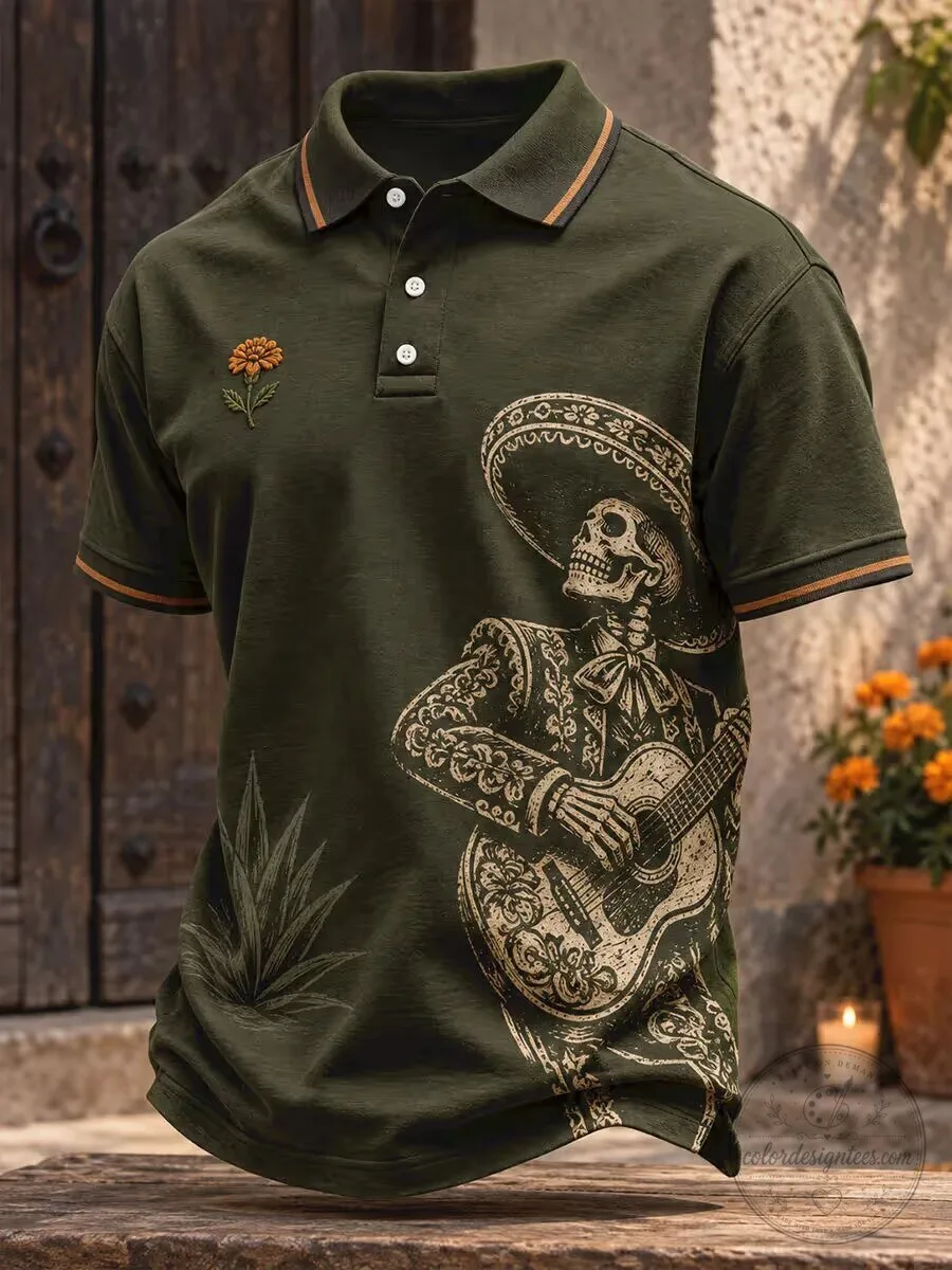 Day of the Dead Mariachi Skeleton Playing Guitar Men's Polo Shirt