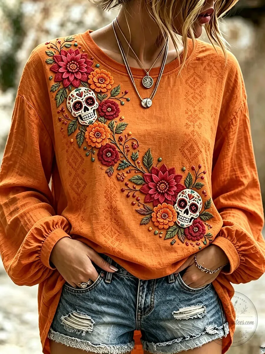 Day of the Dead Floral Sugar Skull Embroidered Long-Sleeve Shirt