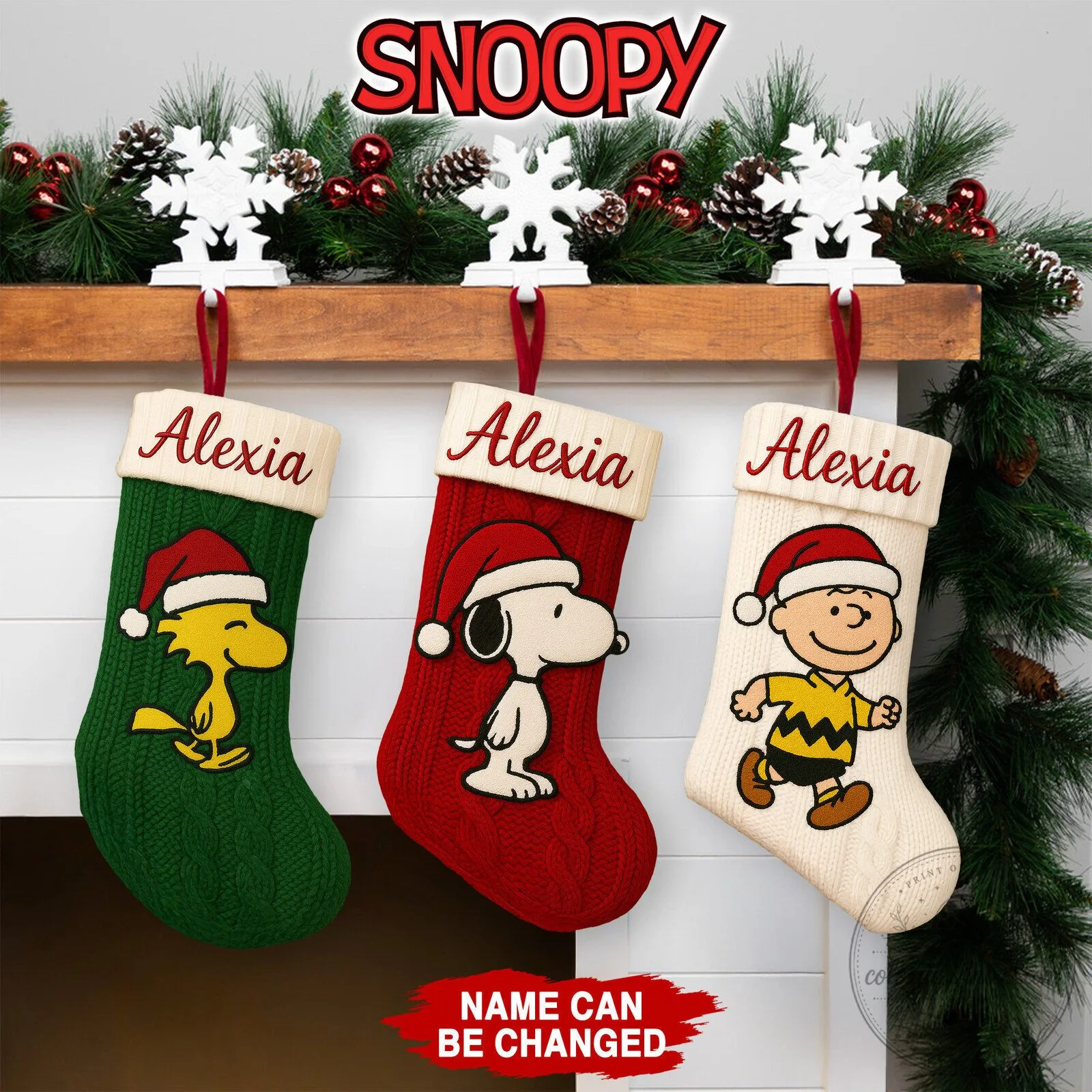 Snoopy Charlie Brown Woodstock Christmas Personalized Knitted Stocking
