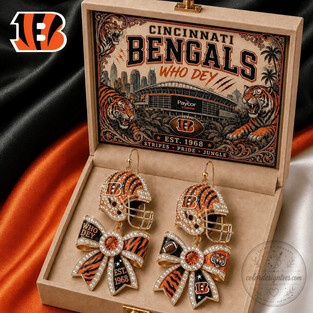 Cincinnati Bengals Football Helmet Dangle Earrings with Bows