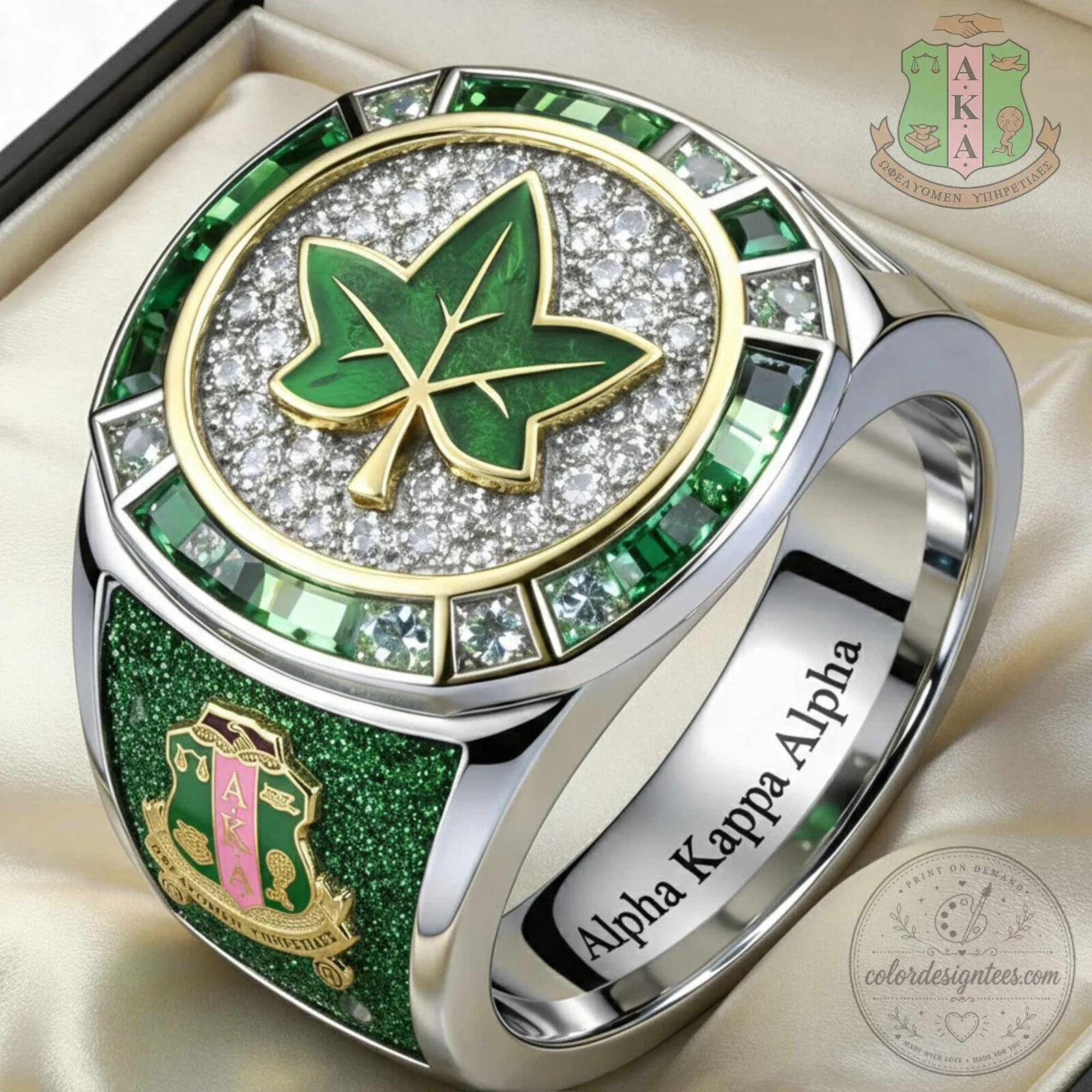 Alpha Kappa Alpha Sorority Ivy Leaf Emerald and Diamond Ring