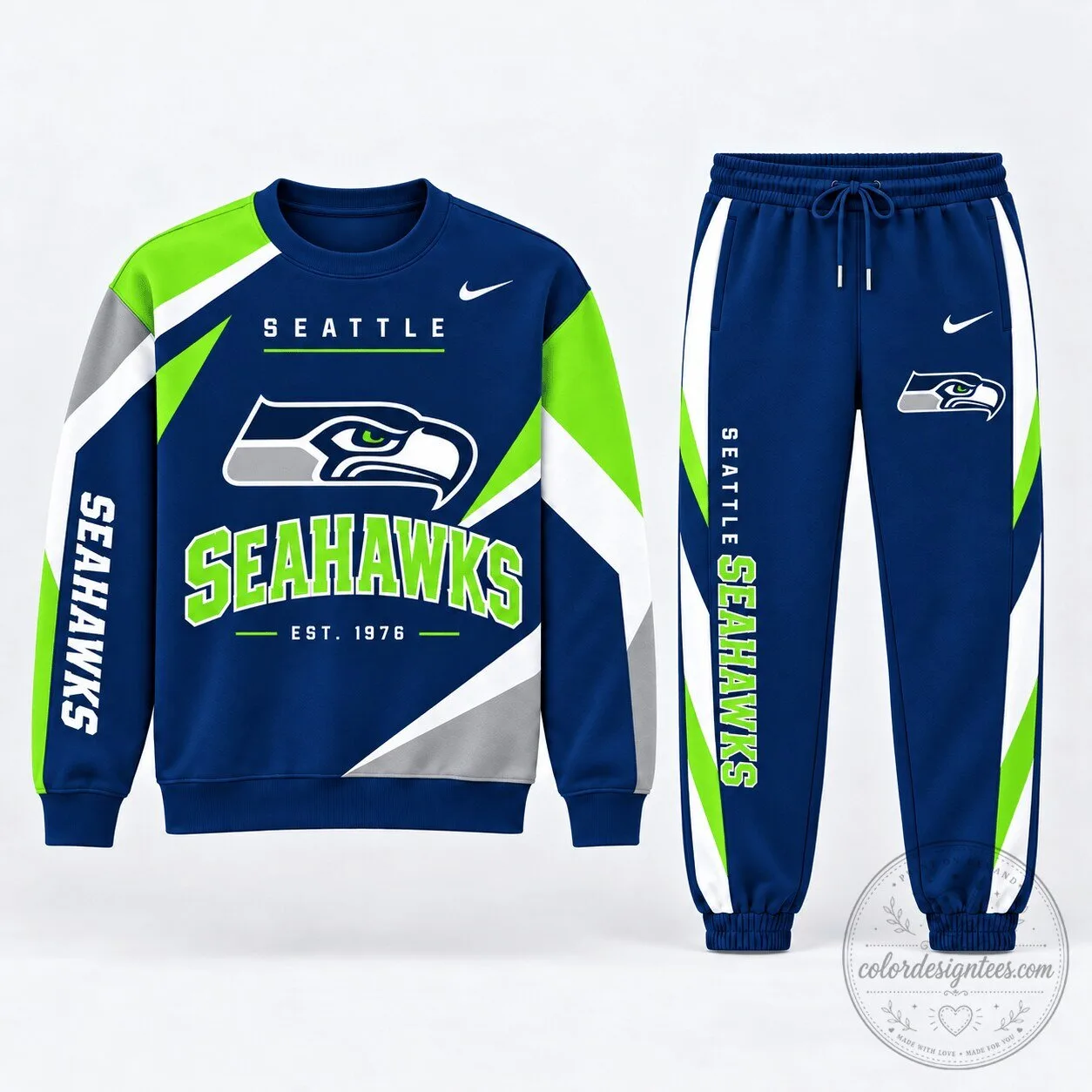 Seattle Seahawks NFL Football Team Crewneck Sweatshirt and Jogger Pants Set