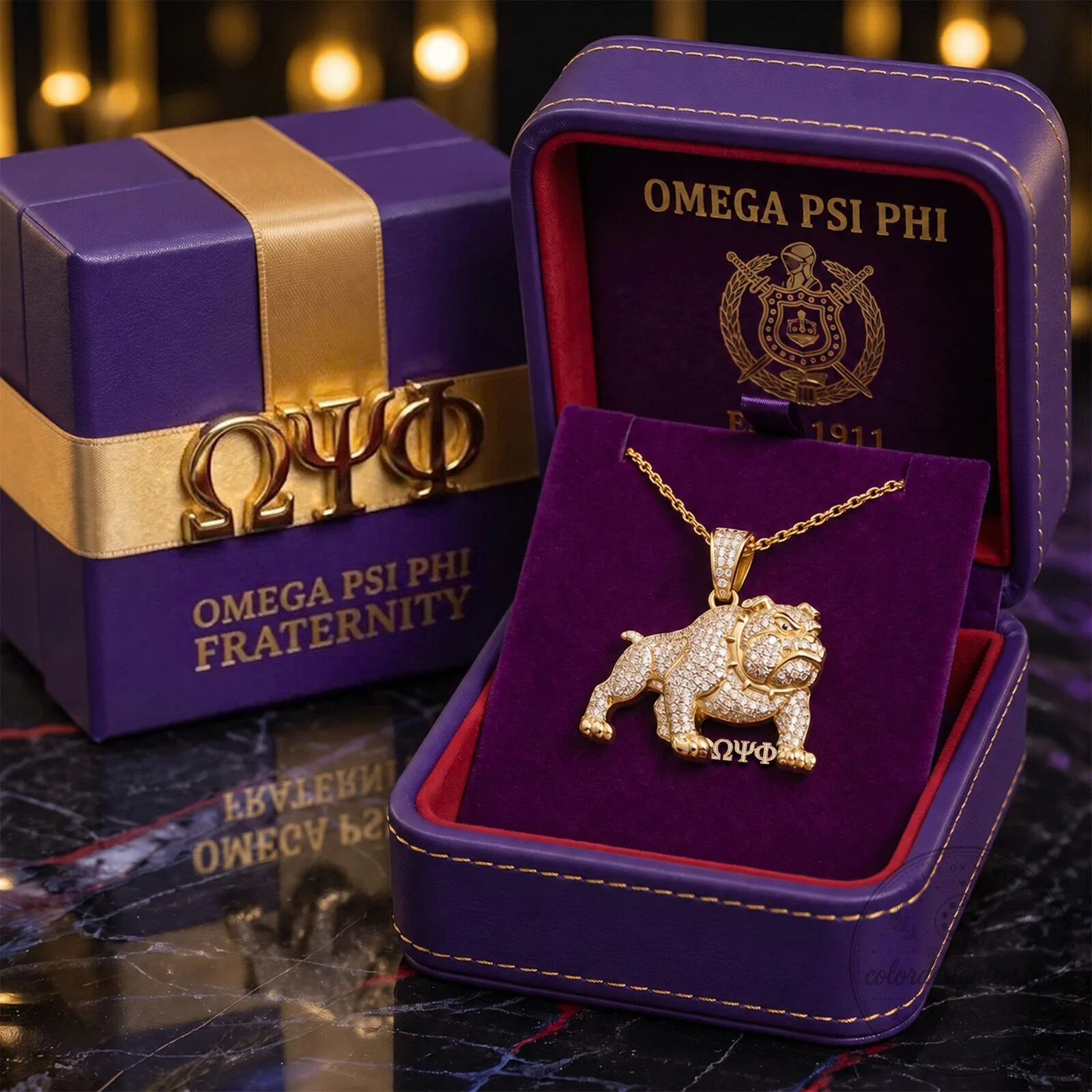 Omega Psi Phi Fraternity Bulldog Diamond Gold Pendant Necklace