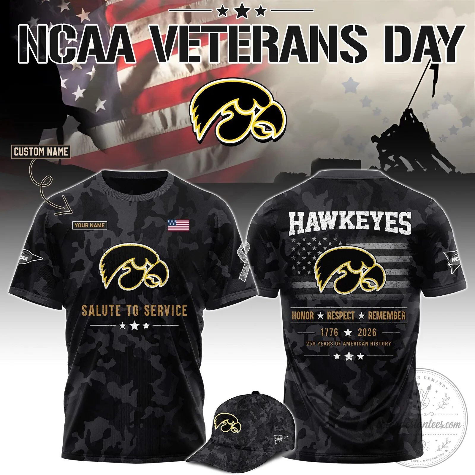 Iowa Hawkeyes NCAA Veterans Day Salute To Service Black Camouflage T-Shirt