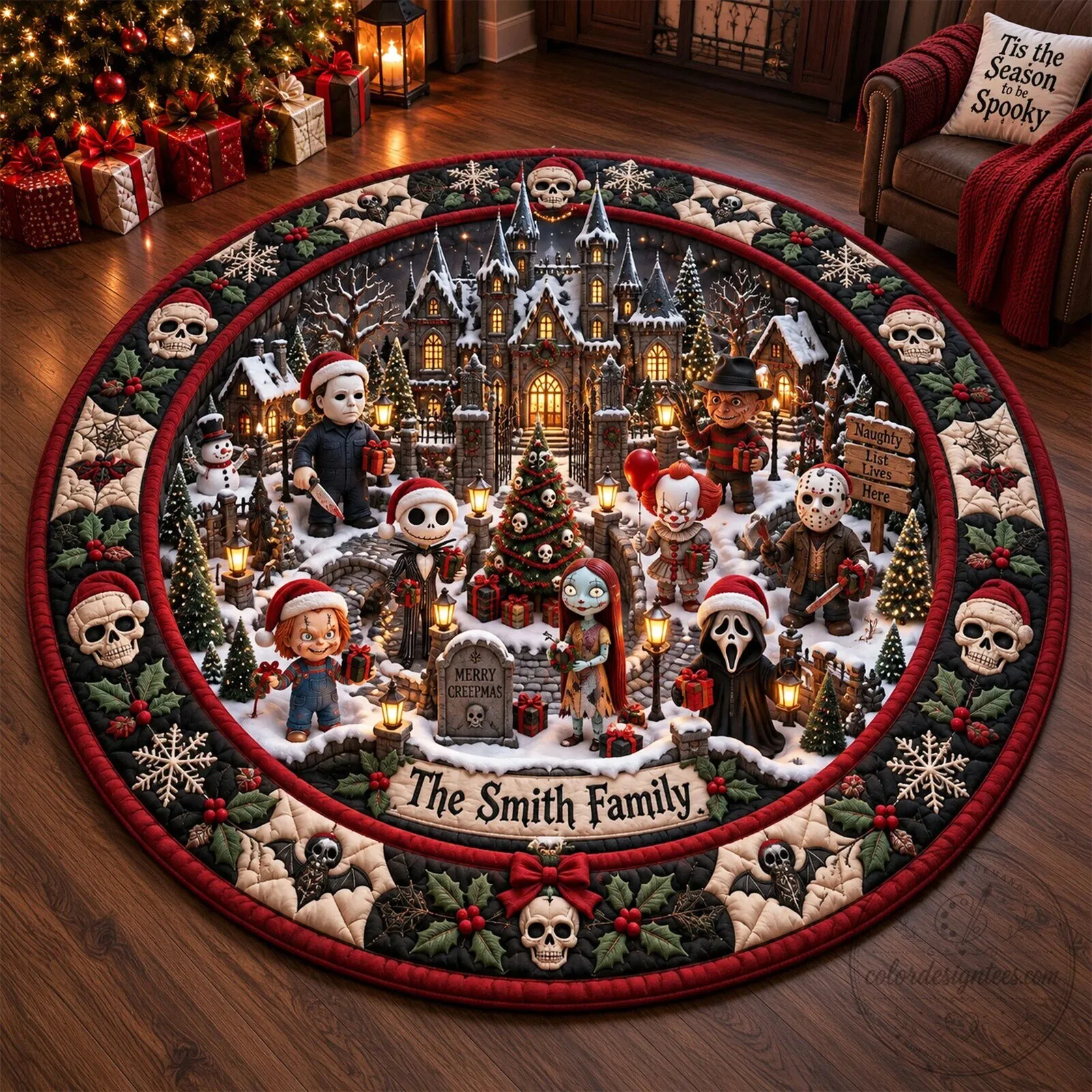 Personalized Merry Creepmas Horror Movie Characters Christmas Tree Skirt