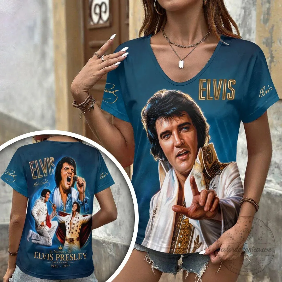 V-Neck T-Shirt Featuring Elvis Presley, the Rock and Roll King of Music
