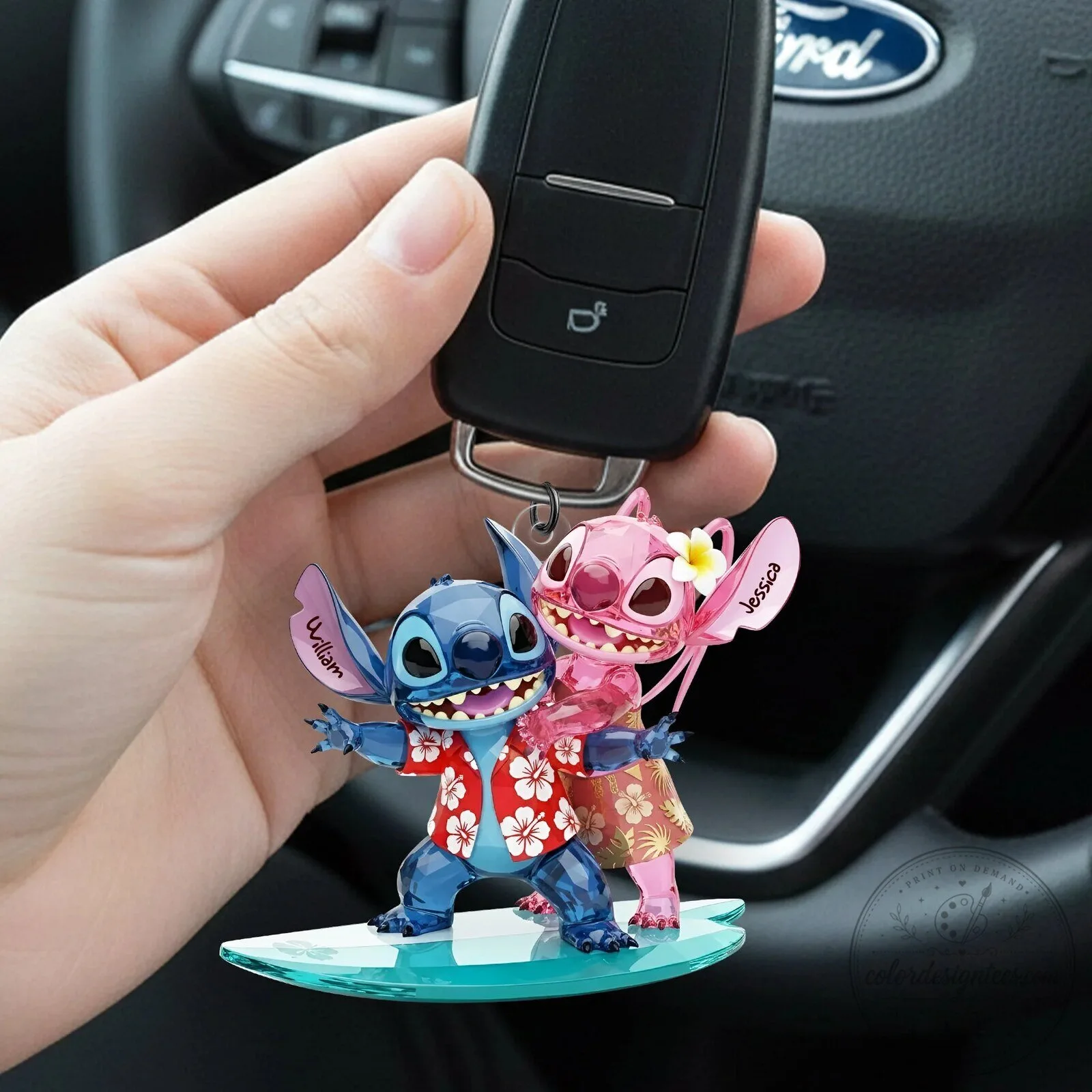 Lilo and Stitch Surfing Personalized Car Keychain with Custom Names