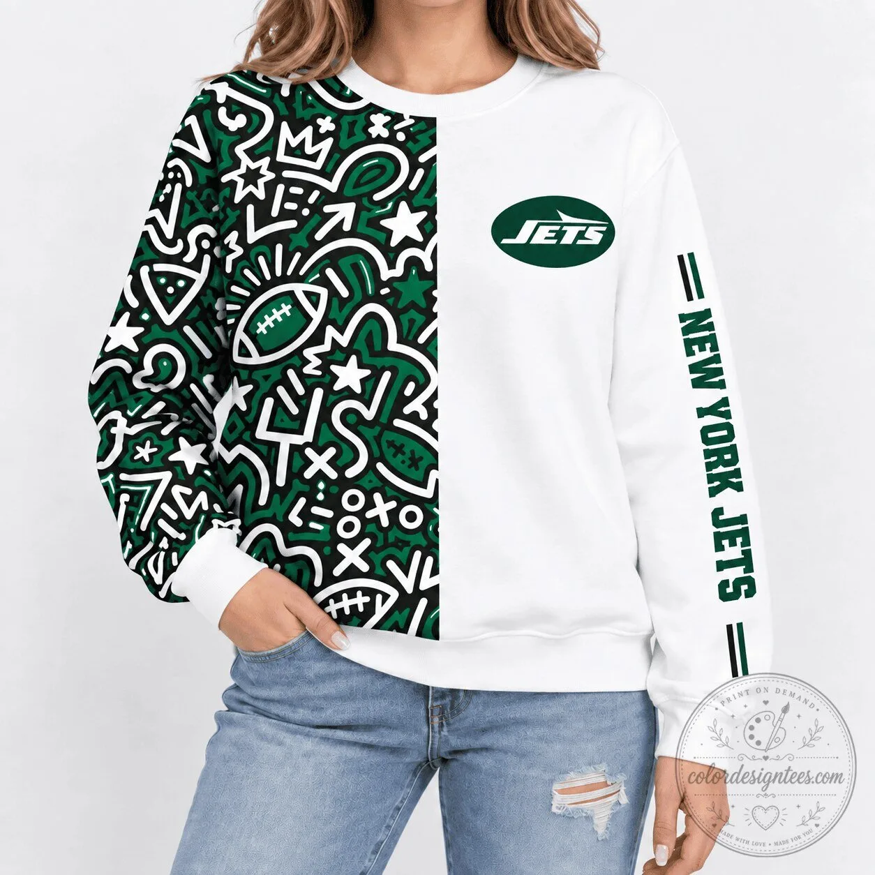 New York Jets NFL Football Team Green and White Doodle Art Crewneck Sweatshirt