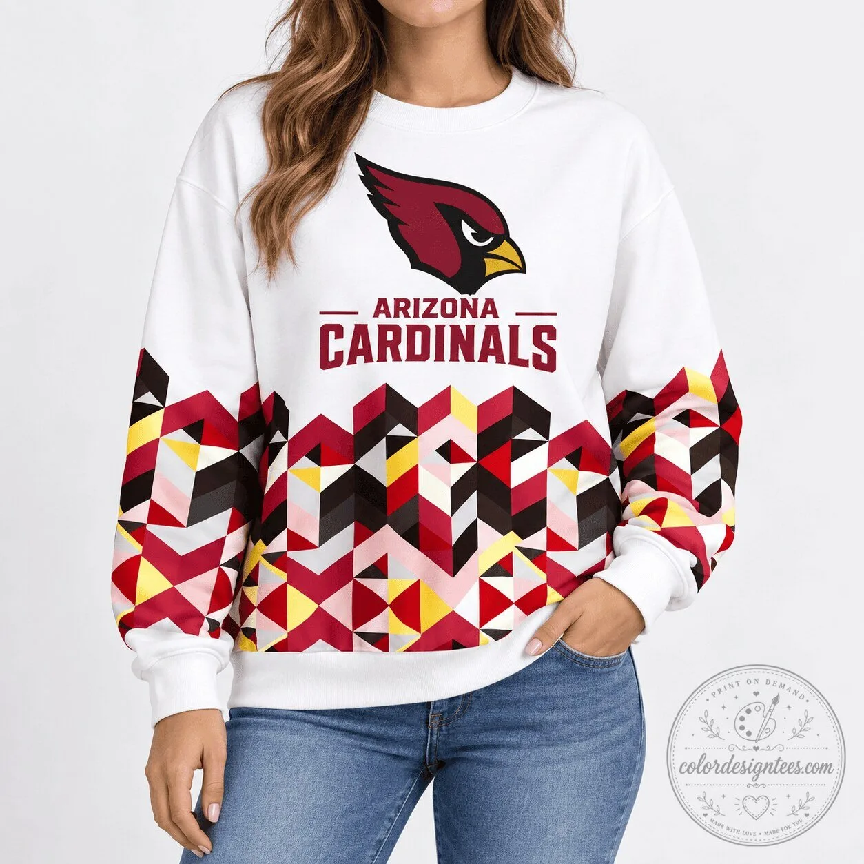 Arizona Cardinals Geometric Chevron Pattern White Crewneck Sweatshirt
