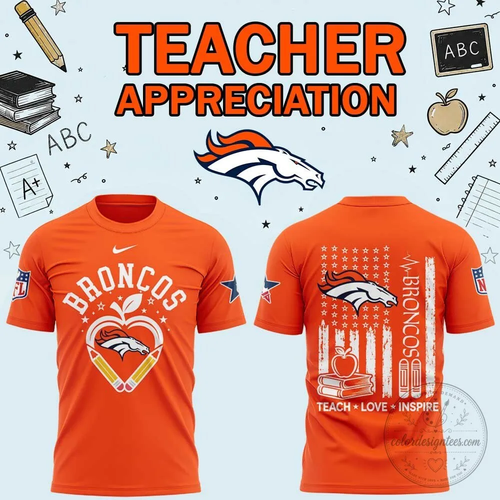 Denver Broncos Teacher Appreciation Day Heart Pencils Orange T-Shirt 7 Denver Broncos Teacher Appreciation Day Heart Pencils Orange T-Shirt