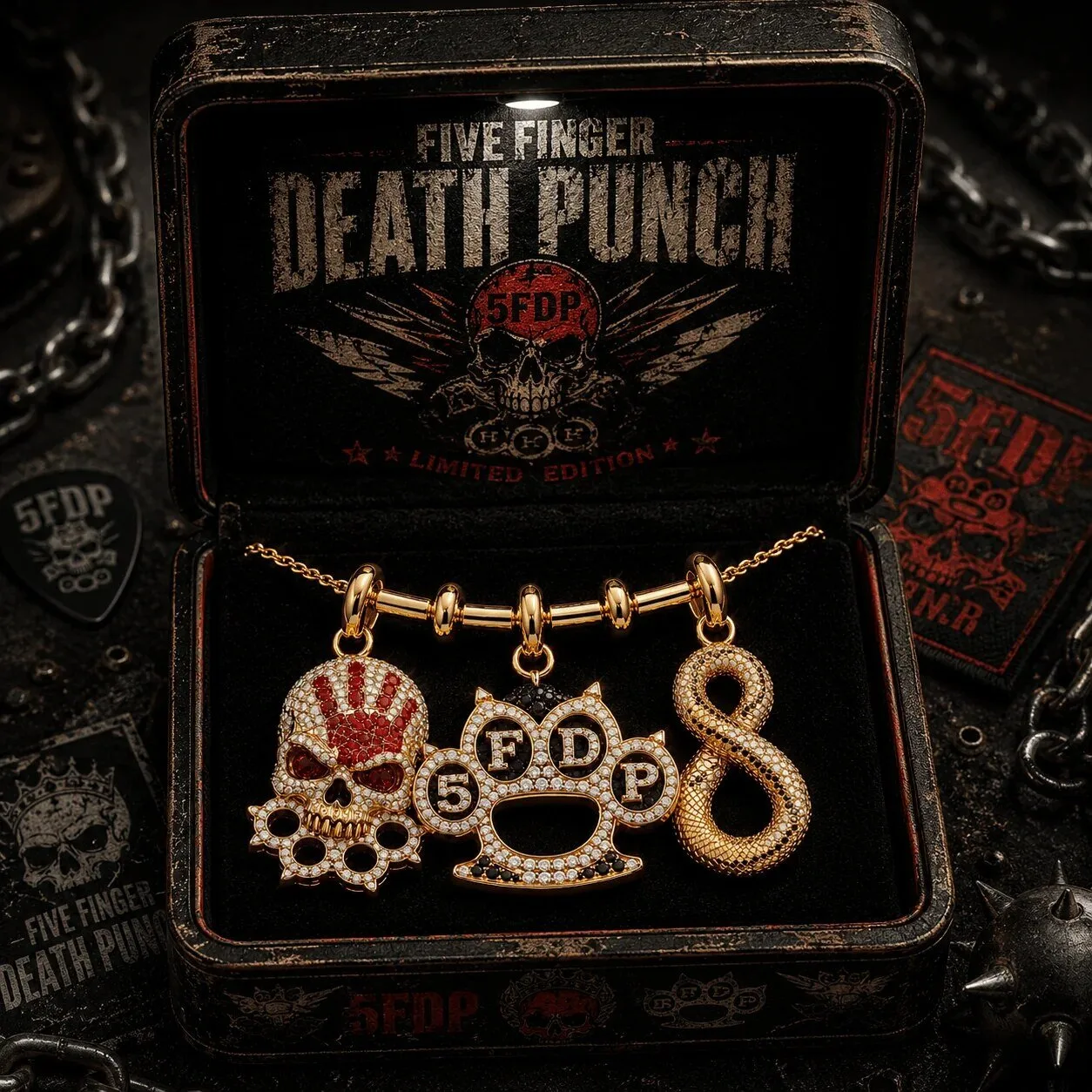 Five Finger Death Punch Skull and Knuckles Gold Chain Pendant Necklace