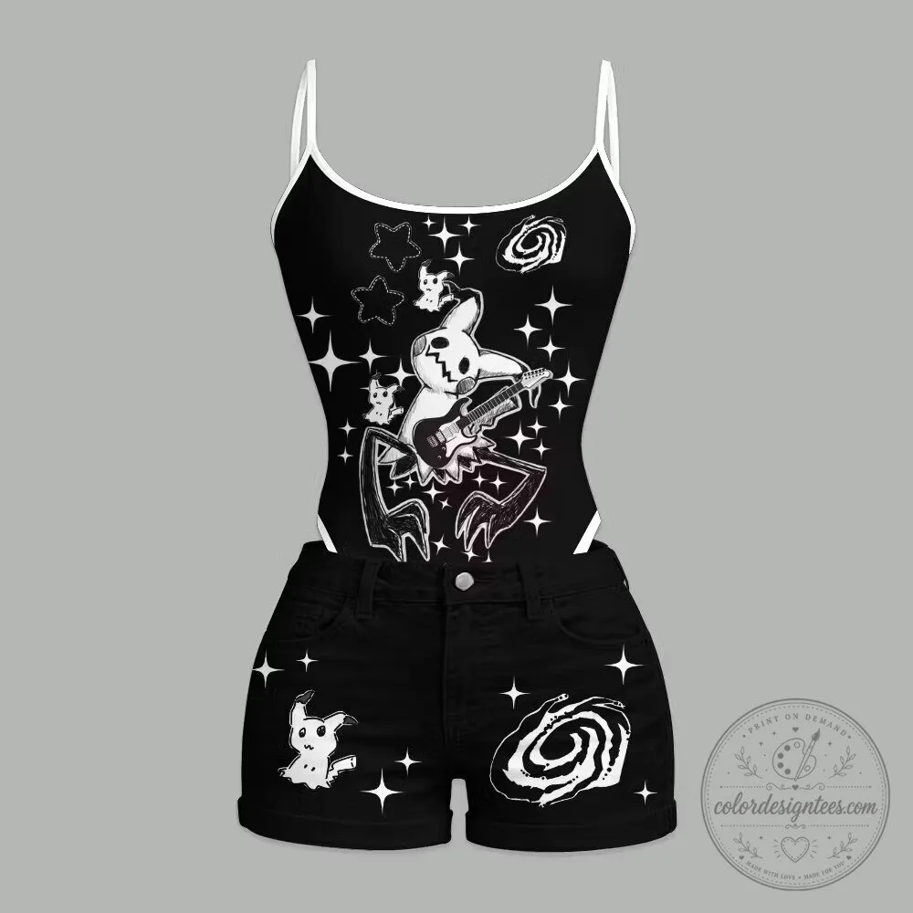 Cute Mimikyu Playing Guitar with Stars and Galaxy Pattern Romper