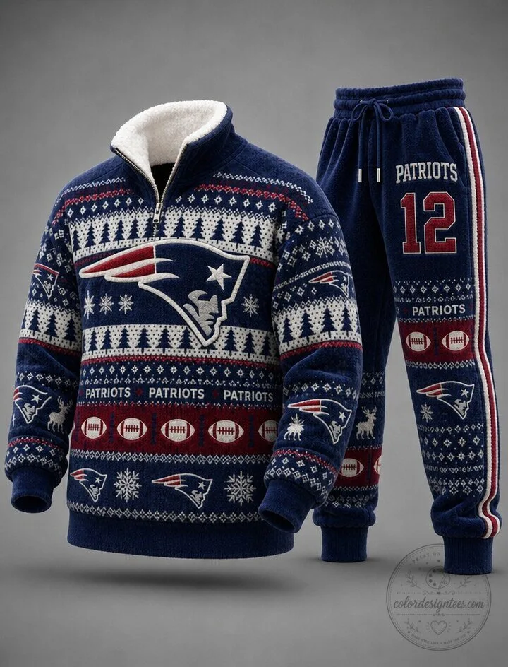 New England Patriots Ugly Christmas Sweater Style Fleece Tracksuit Set