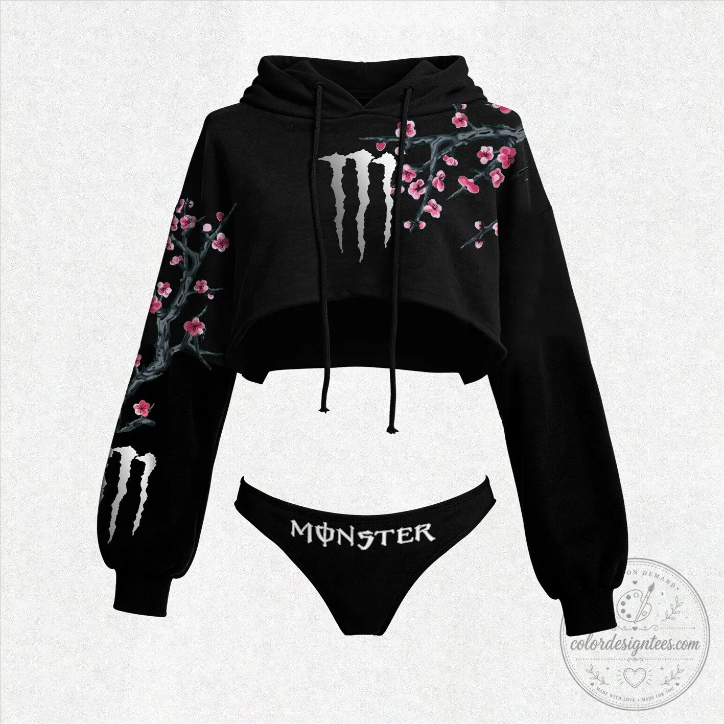 Monster Energy Cropped Hoodie Cherry Blossom Design