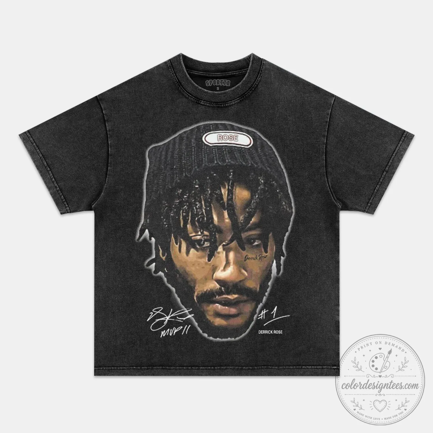 Derrick Rose Basketball Player Portrait Graphic Black Washed T-Shirt
