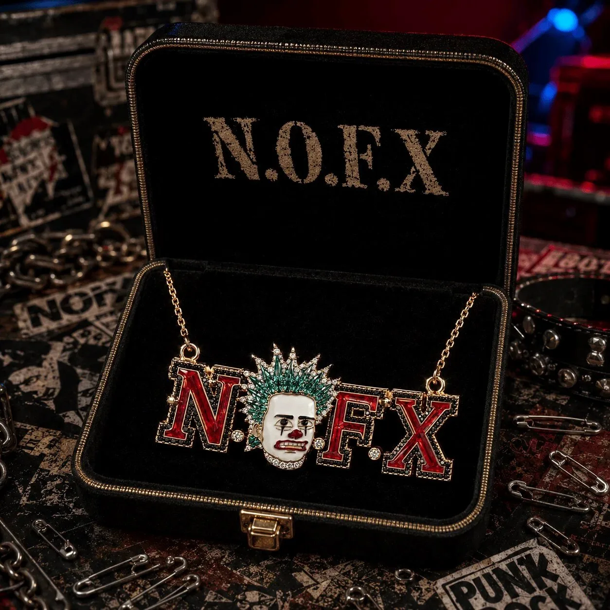 Gold Chain Necklace featuring NOFX Punk Rock Band Logo and Diamond Pendant