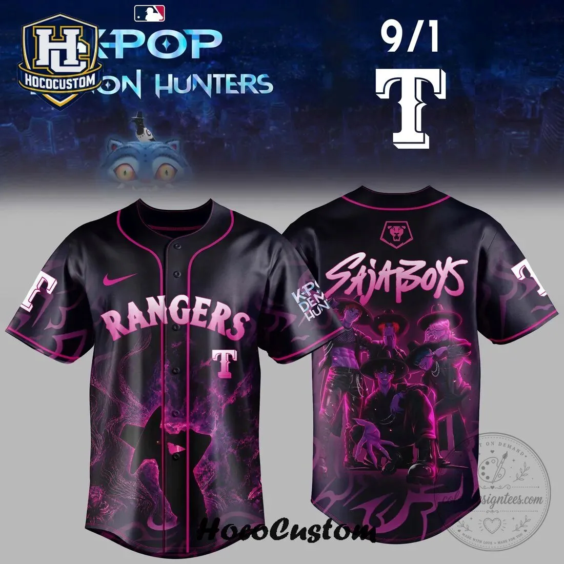 Texas Rangers Baseball KPOP Demon Hunters Black Pink Jersey 2 Texas Rangers Baseball KPOP Demon Hunters Black Pink Jersey