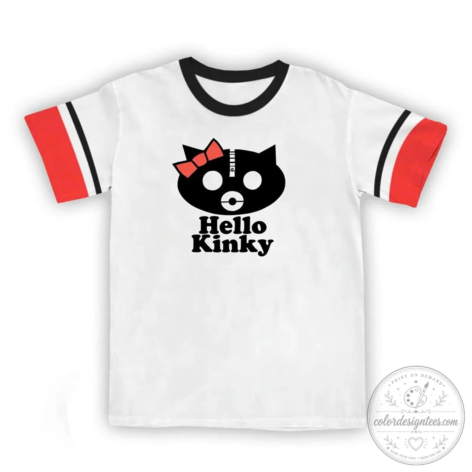 Hello Kinky Black Cat Red Bow Funny Parody White Ringer T-Shirt 1 Hello Kinky Black Cat Red Bow Funny Parody White Ringer T-Shirt
