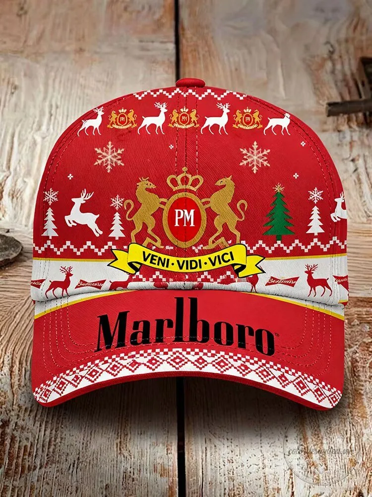 Marlboro Christmas Holiday Reindeer Snowflake Pattern Red Baseball Cap Hat