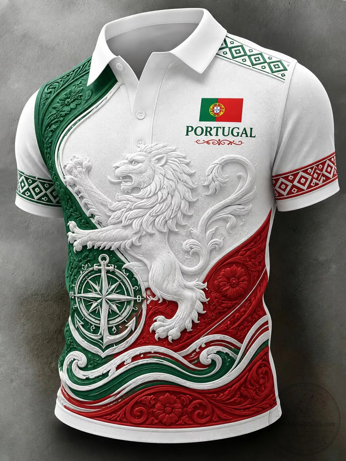 Portugal Football Match Embossed Lion Design Polo Shirt for Men