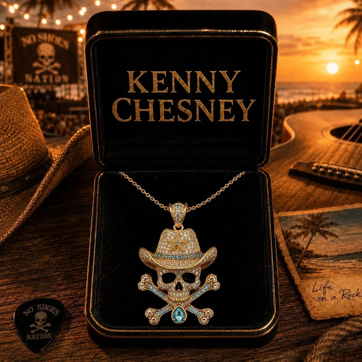 Gold Pendant Necklace with Skull Cowboy Hat from Kenny Chesney's No Shoes Nation