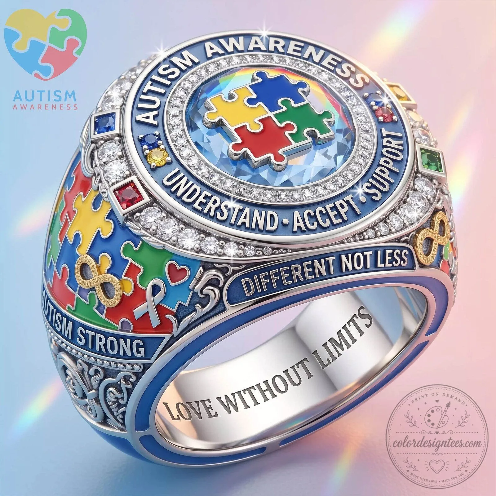 Autism Awareness Puzzle Piece Understand Accept Support Different Not Less Ring