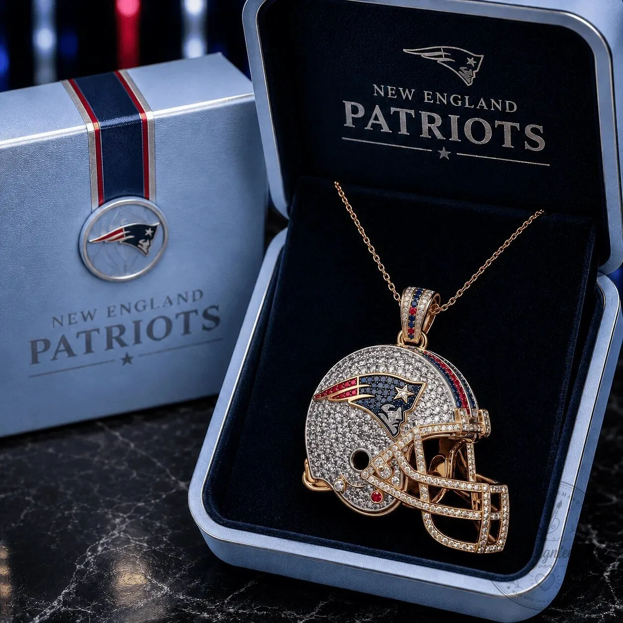 Gold and Diamond Pendant Necklace featuring New England Patriots Football Helmet
