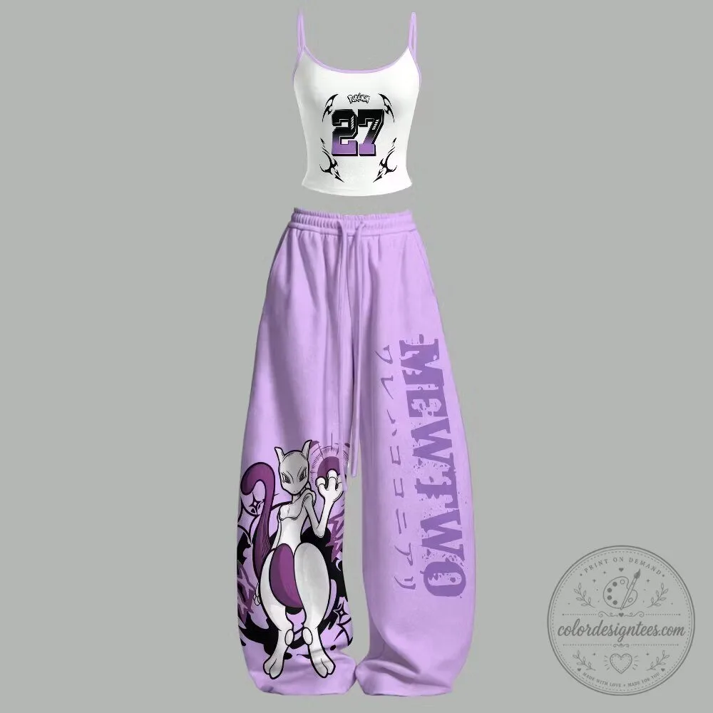 Mewtwo Pokemon Graphic Print Crop Top and Sweatpants Two-Piece Set