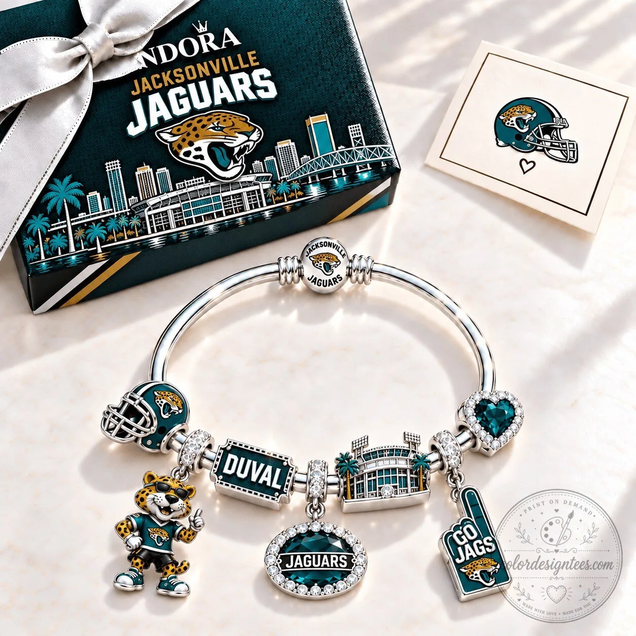 Jacksonville Jaguars Silver Charm Bracelet with Football Helmet and Mascot Charms
