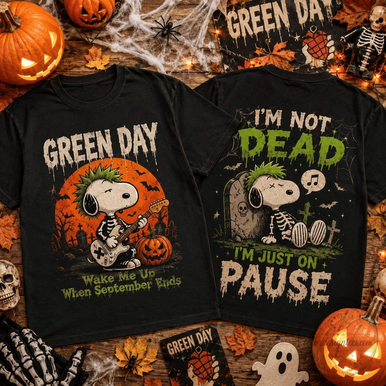Green Day Snoopy Punk Rock Halloween Skeleton Graphic T-Shirt