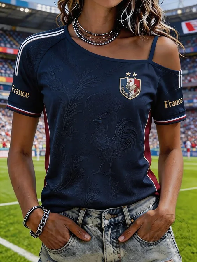 France National Football Team Women's Off Shoulder Graphic T-Shirt 2 France National Football Team Women's Off Shoulder Graphic T-Shirt
