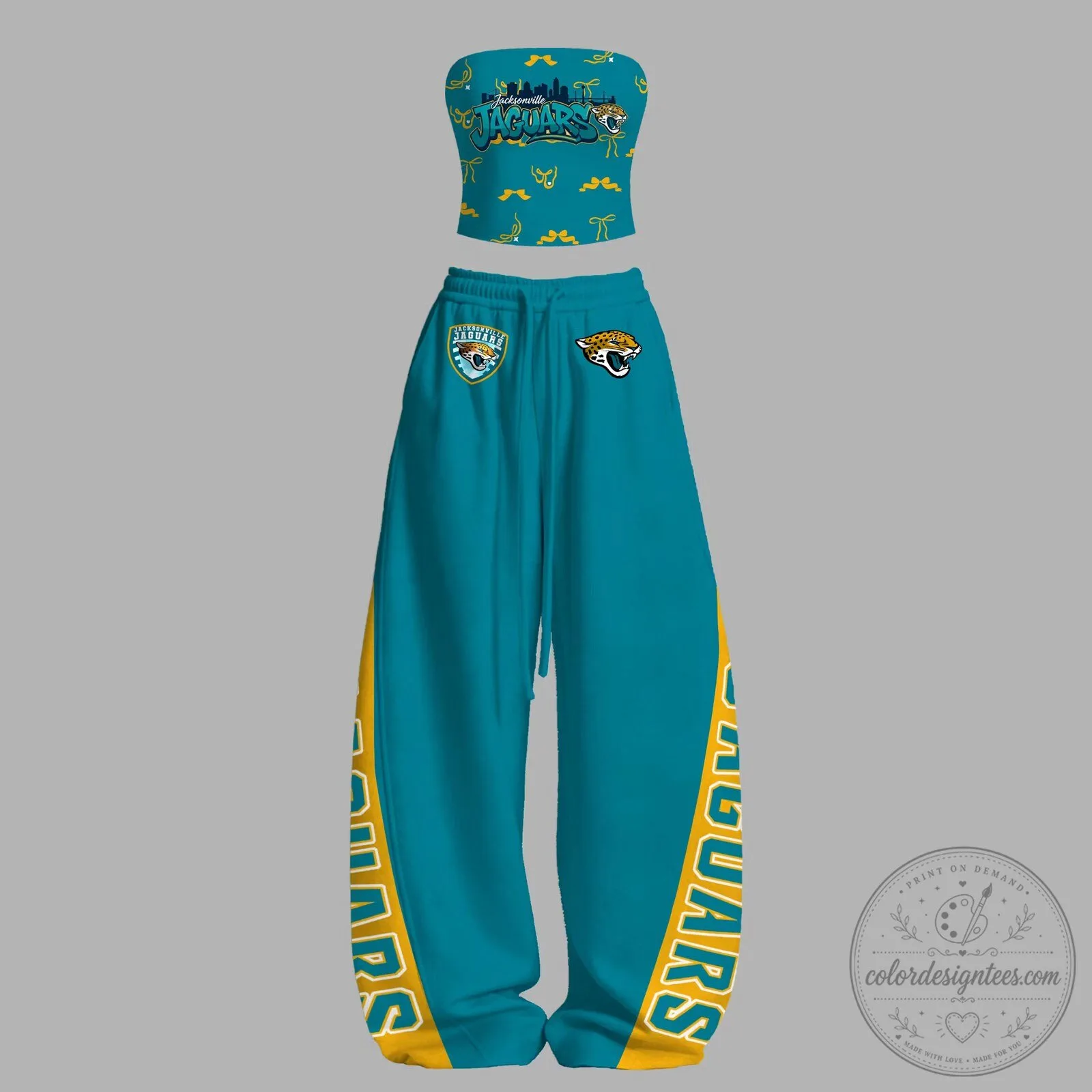 Jacksonville Jaguars Teal Strapless Crop Top and Wide Leg Sweatpants Set