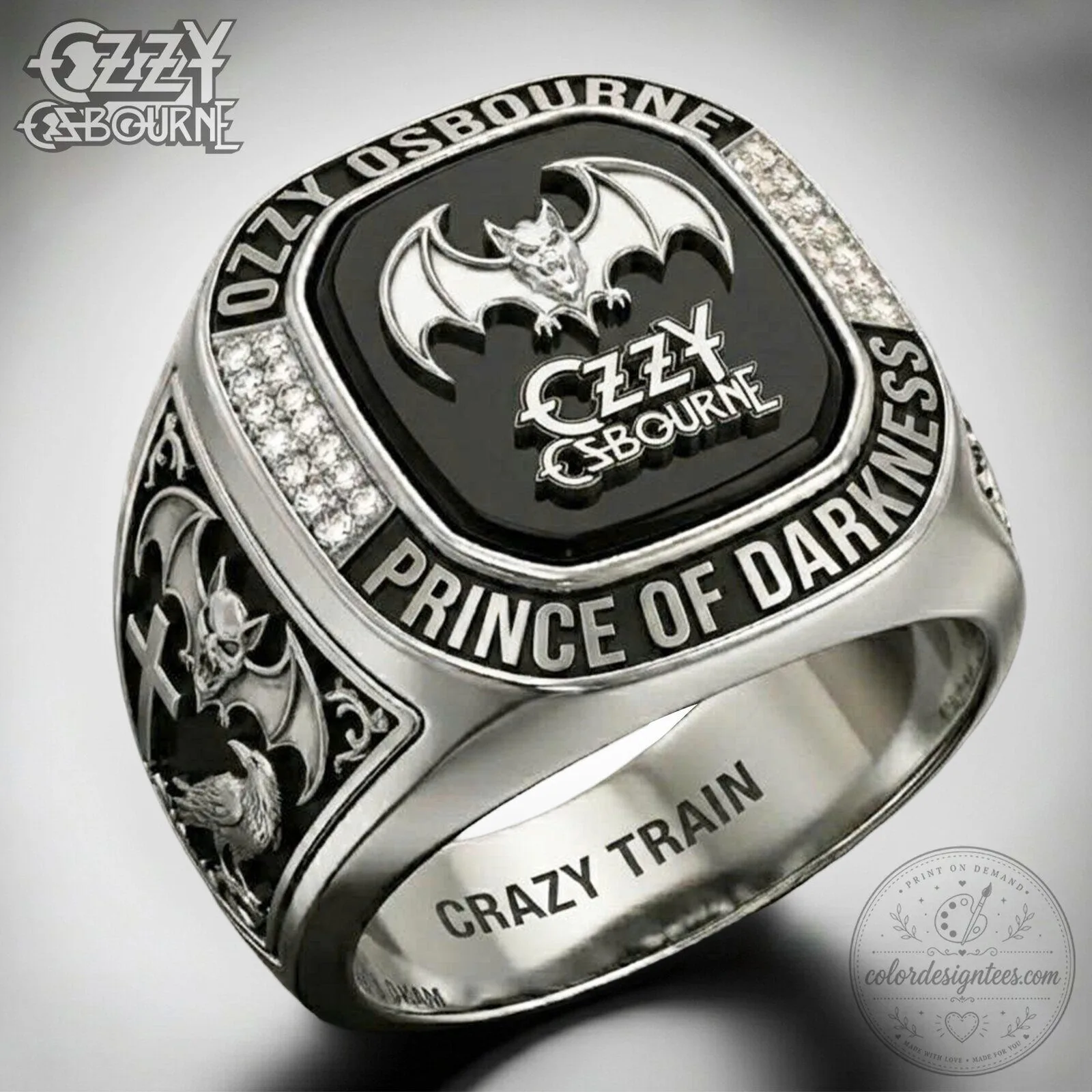 Ozzy Osbourne Prince of Darkness Crazy Train Heavy Metal Rock Band Ring