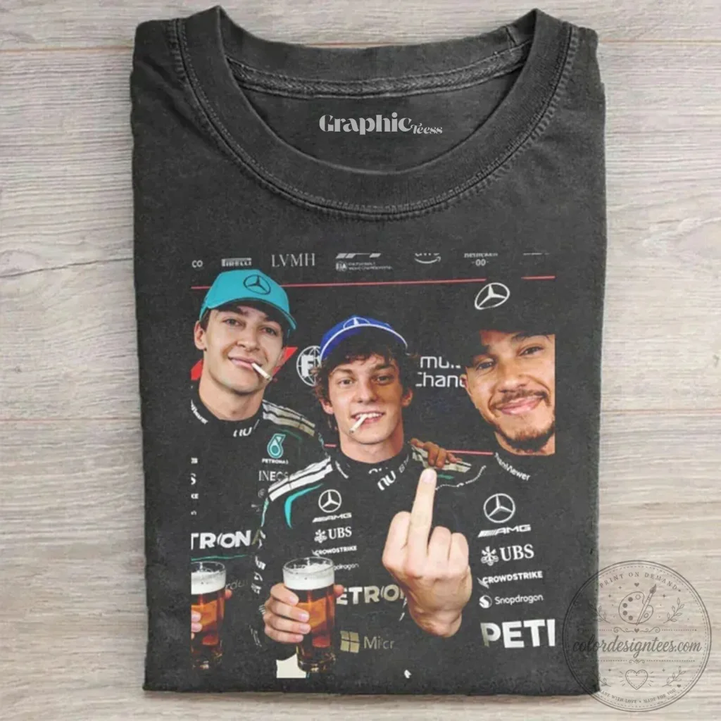 Mercedes F1 Racing T-Shirt featuring George Russell, Lewis Hamilton, and Kimi Raikkonen Mercedes F1 Racing T-Shirt featuring George Russell, Lewis Hamilton, and Kimi Raikkonen