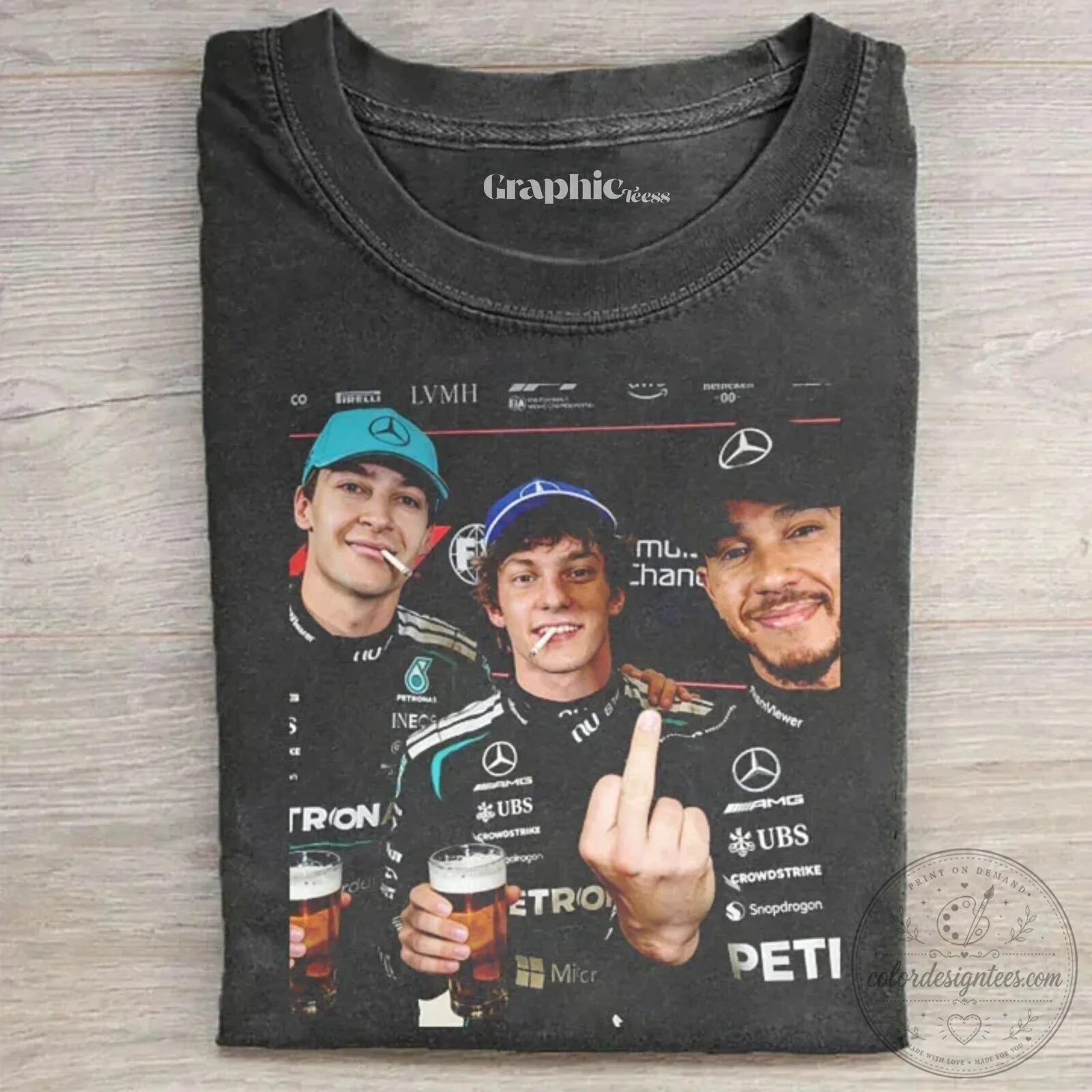 Mercedes F1 Racing T-Shirt featuring George Russell, Lewis Hamilton, and Kimi Raikkonen