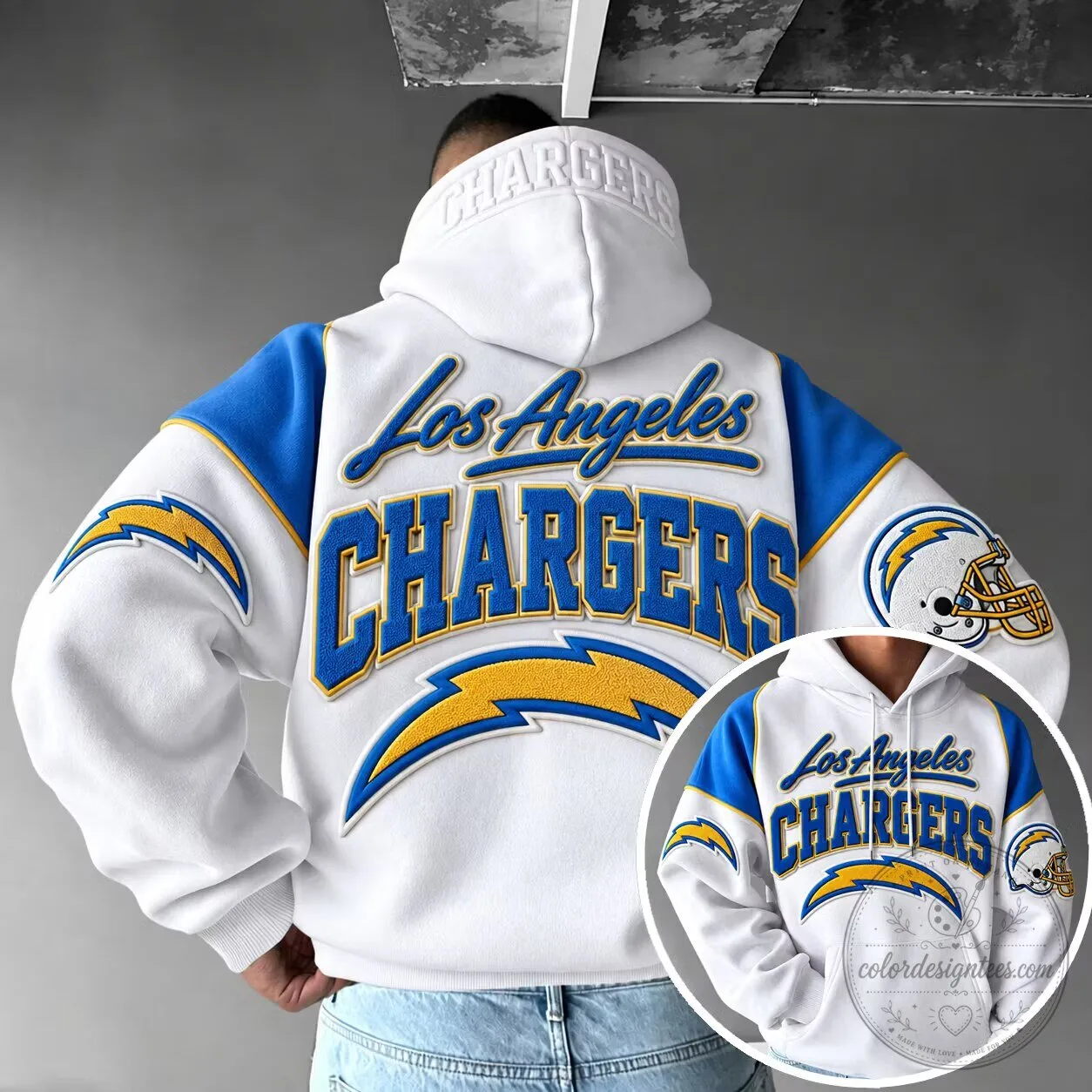 Los Angeles Chargers Football Team White and Blue Hoodie with Lightning Bolt