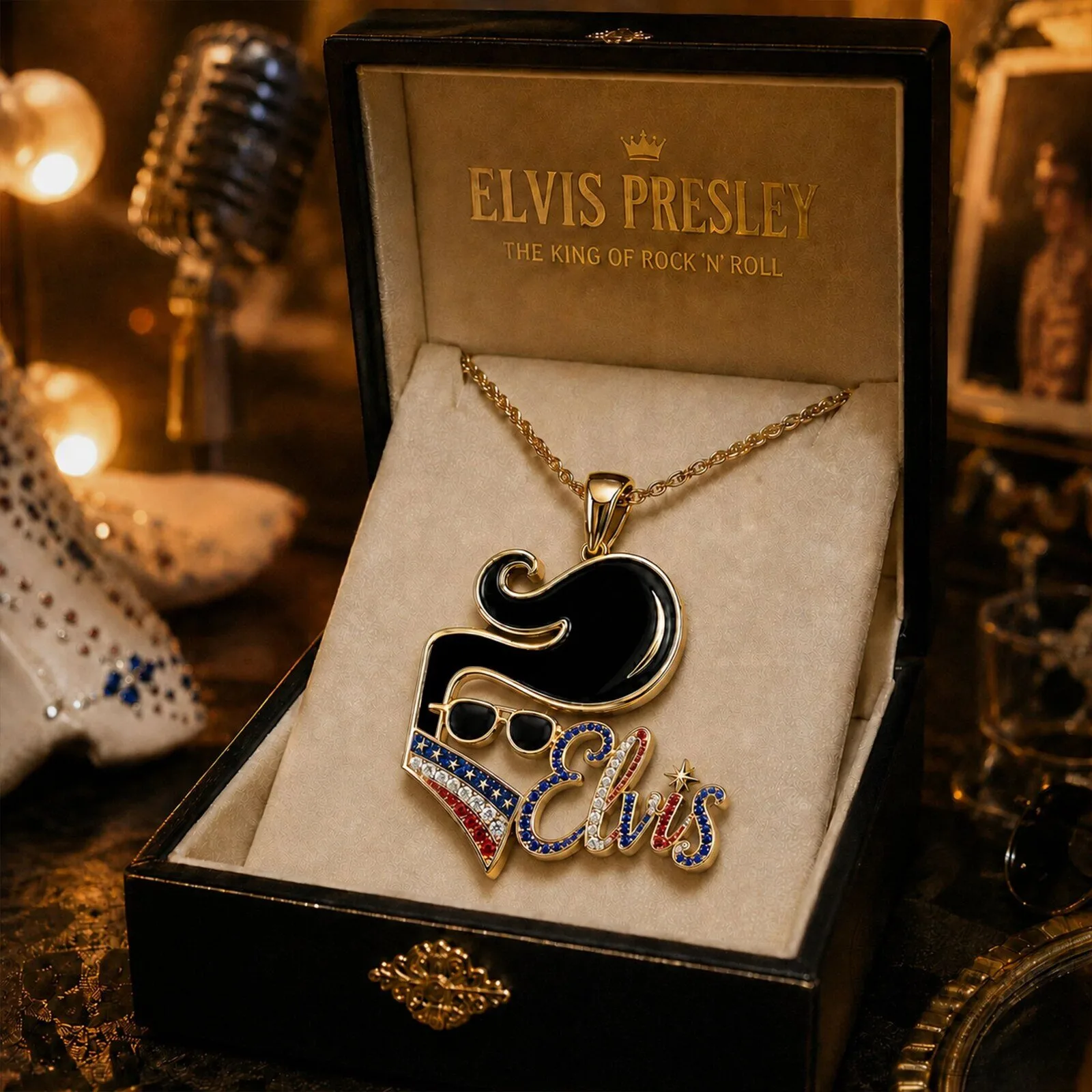 Gold Chain Necklace with Diamond Pendant featuring Elvis Presley, The King of Rock and Roll