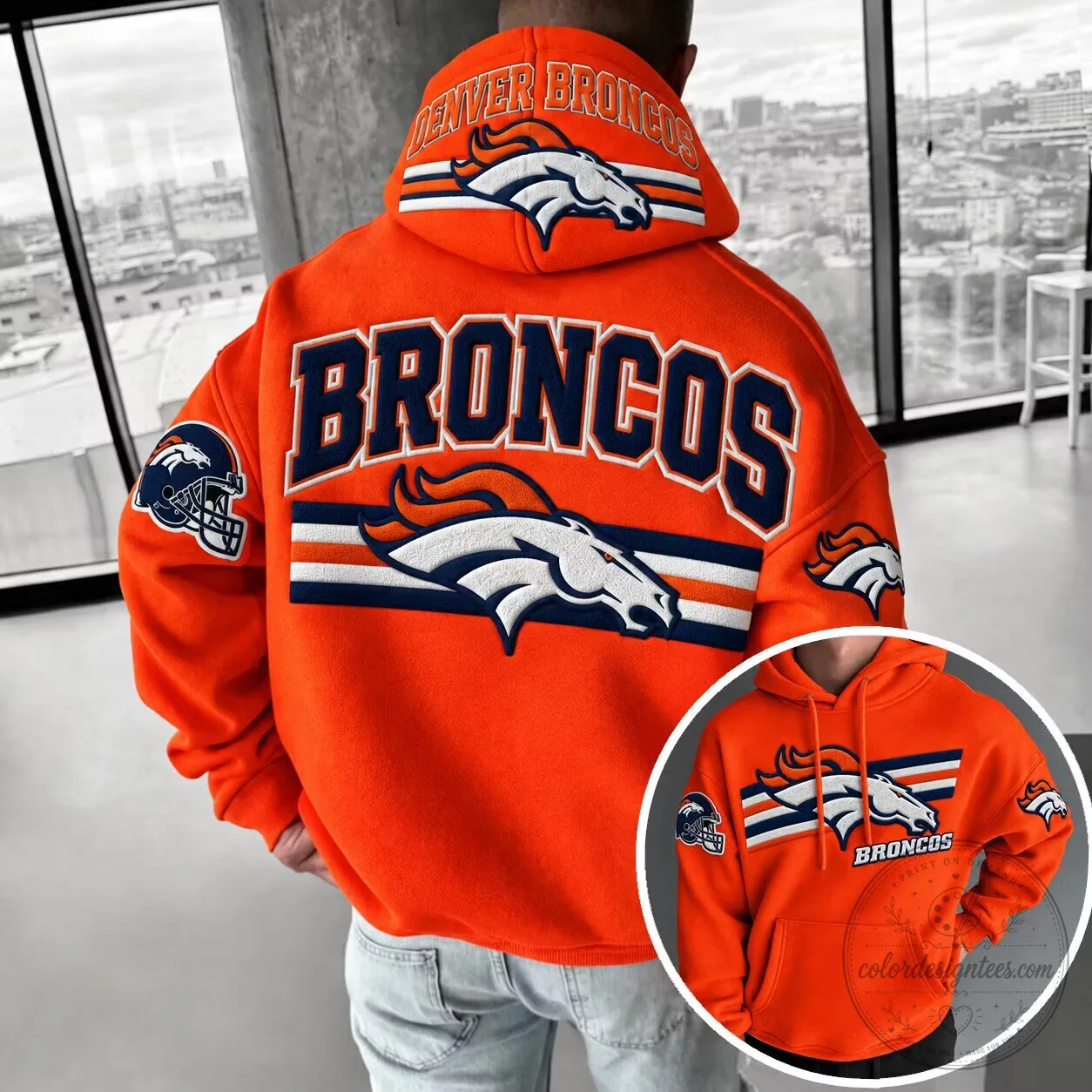 Denver Broncos Football Team Orange and Blue Logo Hoodie