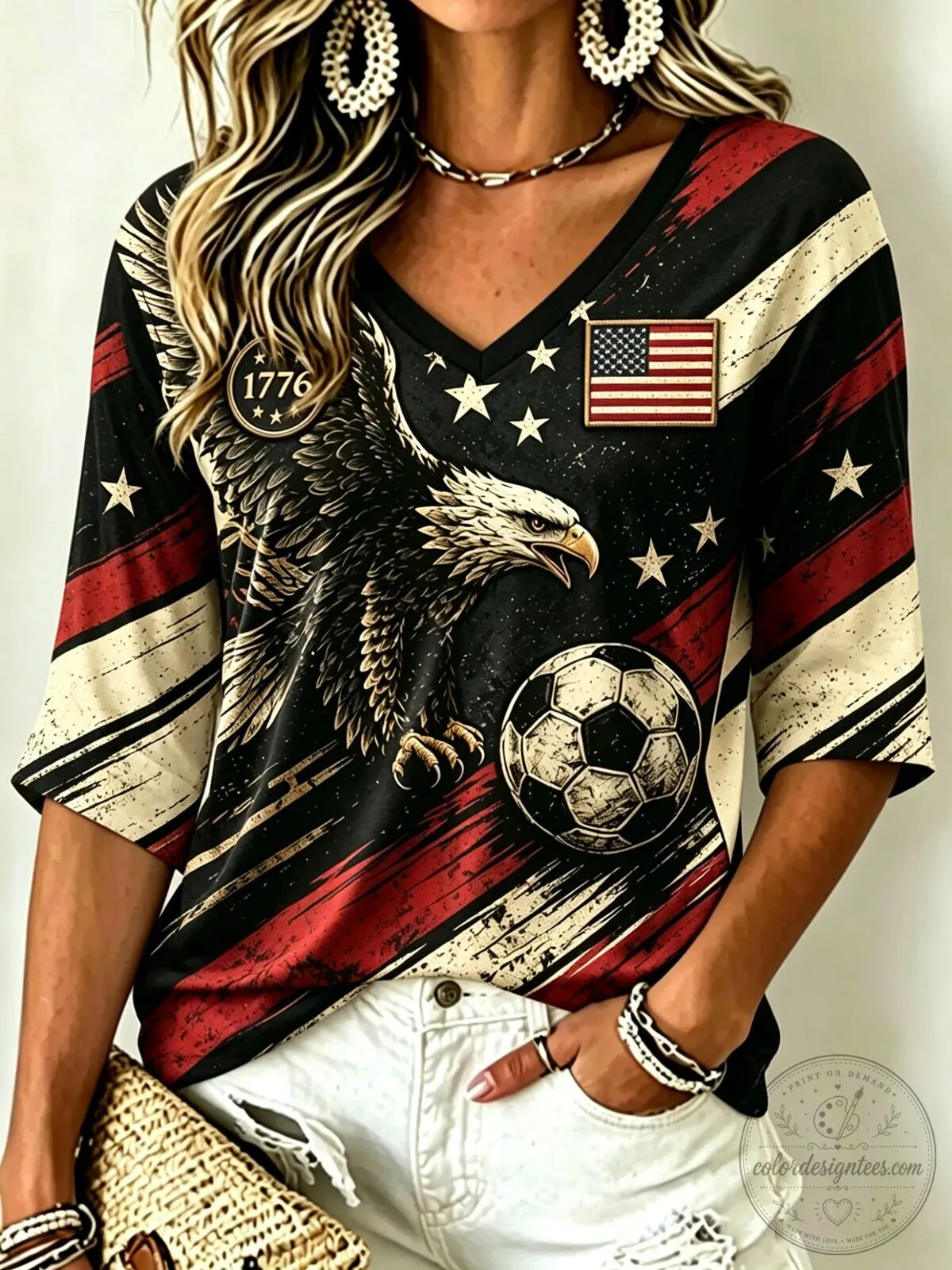 USA Soccer Patriotic Eagle and Flag V-Neck T-Shirt for Women