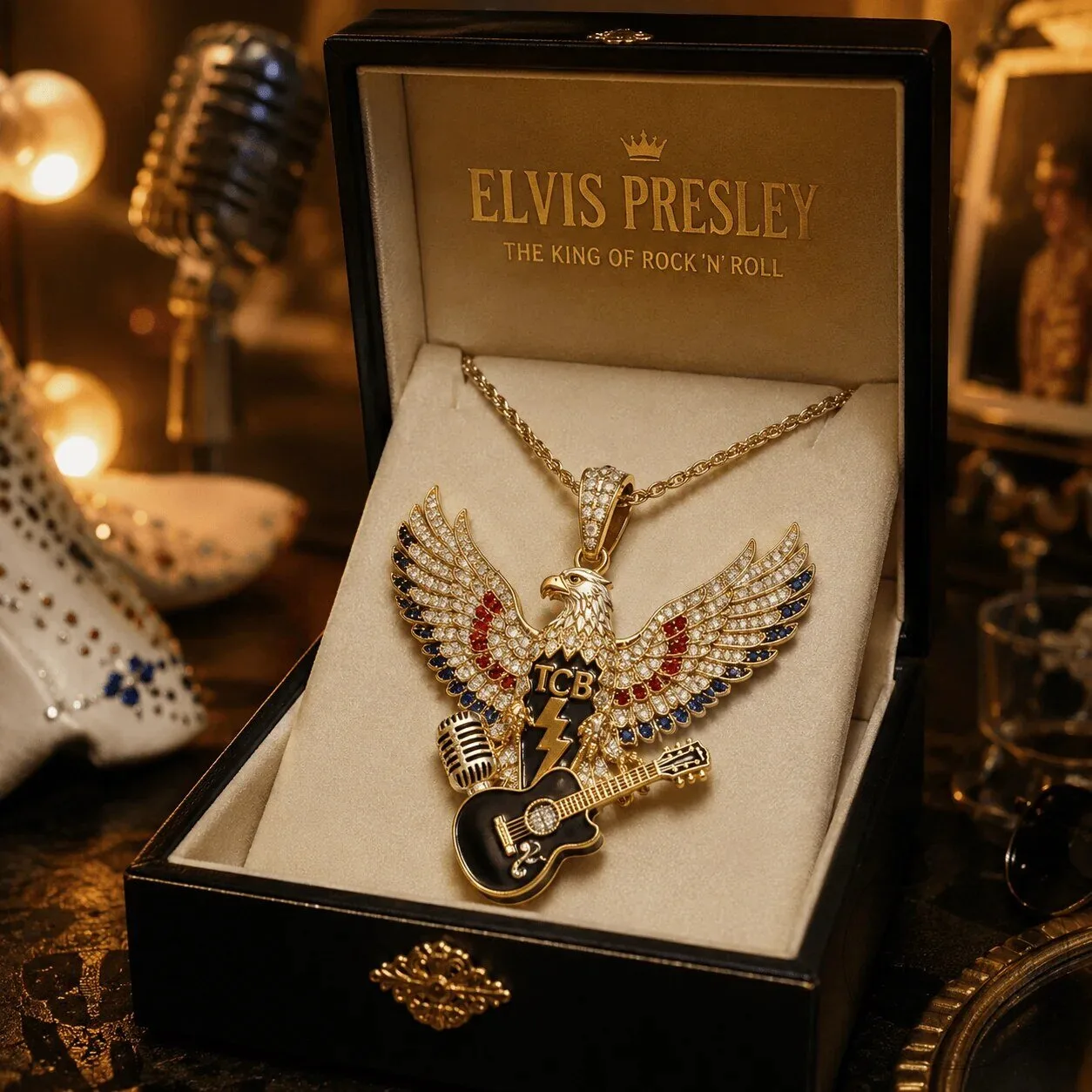 Elvis Presley TCB Eagle Guitar Microphone Diamond Pendant Necklace