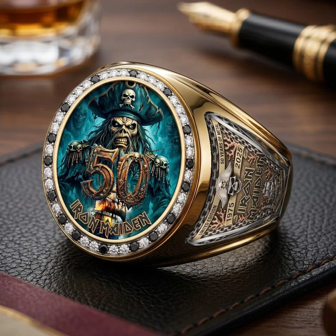 Iron Maiden Eddie The Trooper 50th Anniversary Gold Tone Ring